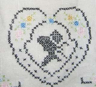 Lovely Tea Towel   Embroidered Cross Stitch Heart Cameo  