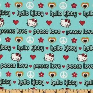  44 Wide Hello Kitty Peace & Love Words Aqua Fabric By 