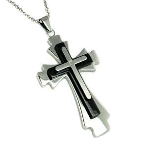 Black Plated Stainless Steel Mens Cross Diamond Pendant with 24 Inch 