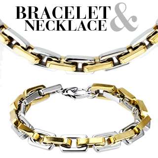 Stainless Steel Gold & Silver 2 Tone Square Link Bracelet & Necklace 