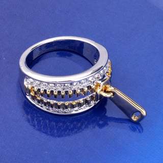 Fashion 2 tone Ring,Pave Swarovski Crystal 18K GP & Silver tone Zipper 