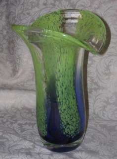 Hand Blown TULIP VASE SPATTER ART GLASS Lime Green & Purple  