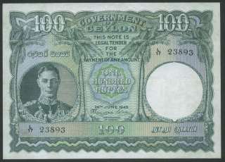 1945 CEYLON 100 RUPEES SRI LANKA P 38 KING GEORGE VI  