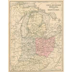  Mitchell 1880 Antique Map of Ohio, Indiana, Michigan 