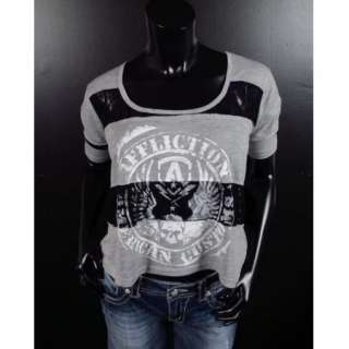 Womens Affliction Sinful T Shirt LACE BOWIE TOP in Black & Gray  