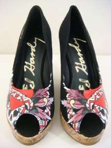 Ed Hardy women love skull black heels wedges shoes  