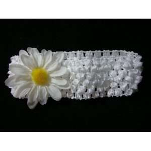  White Crochet Headband with Small White Daisy Flower 