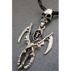  Alloy Metal Skull Twin Scythes Pendant Necklace 