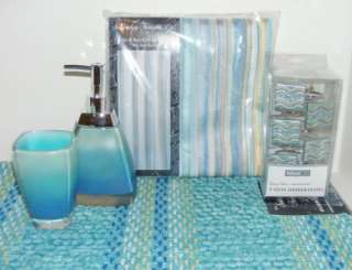   BEACH STRIPE Blue 4pc BATH SET Rug~Shower Curtain~Cup~Pump  