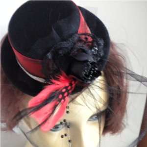   Moulin Rouge Style 5 Top Hat Fascinator, Red & Black with Tulle Veil