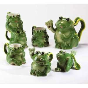 Green Frogs Tea Service: Porcelain Frog Tea Set with Teapot, Cups 