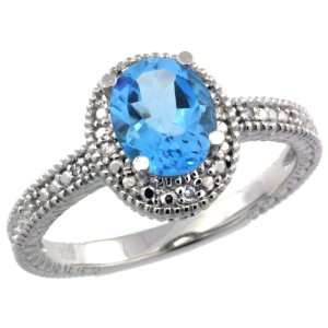 Sterling Silver Vintage Style Oval Blue Topaz Stone Ring w/ 0.04 Carat 
