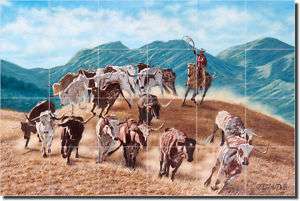 Delby Coyboy Cattle Western Art Ceramic Tile Mural  