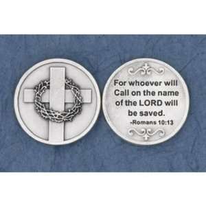  25 Romans 10:13 Cross with Crown of Thorns Medals Silver 