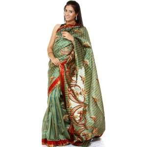  Green and Beige Banarasi Striped Sari with Ari Embroidery 