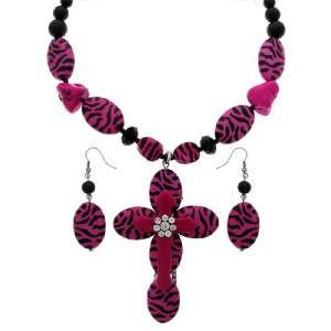 Western Hot Pink Fuchsia Zebra Double Cross Necklace  