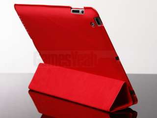 Red Magnetic Leather Smart Cover w/ Back Case F iPad 2  
