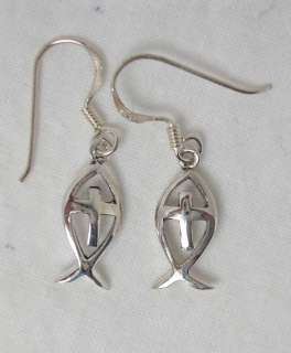Silver .925 ICHTHUS Fish Christian Cross Earrings e8  