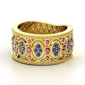 Renaissance Band, 14K Yellow Gold Ring with Red Garnet & Sapphire