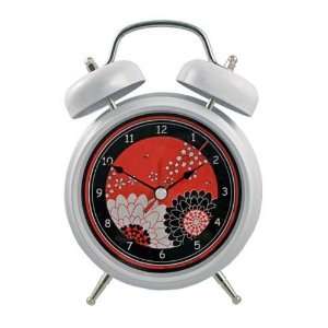  Japanese Garden Alarm Clock White with Red & Blk Posies 