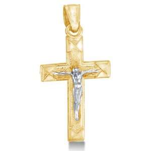  Solid 14K Yellow and White 2 Two Tone Gold Jesus Crucifix 