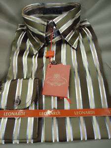 Mens Leonardi Bold Brown Stripe High Collar Dress Shirt  