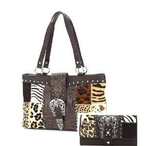 Genuine Leather Leopard Zebra Animal Patchwork Buckle Handbag & Wallet 