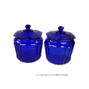  Set 2 Depression Glass Mayfair Cobalt Blue Covered Jars 