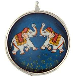 Decorated Elephants Painted Pendant   Sterling Silver