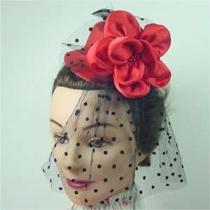  Fascinator   Red Flowered Hat with Face Veil Toys & Games