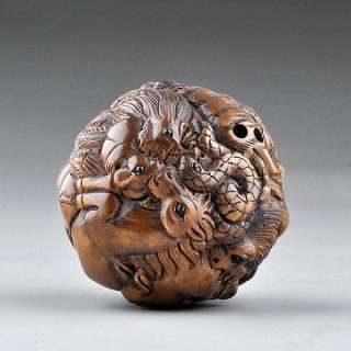   Sculpture Boxwood Wood Netsuke The Twelve Zodiac Animals Ball  
