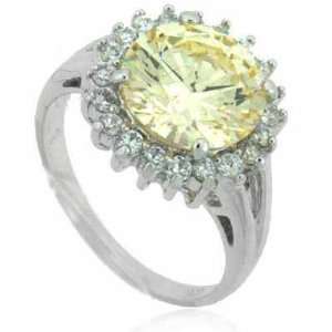   Large Soft Yellow Citrine Stone and Simulated Diamond CZ Silver Ring