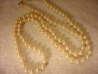 Faux Pearl Knotted Necklace 30 Long 14k Gold Clasp  