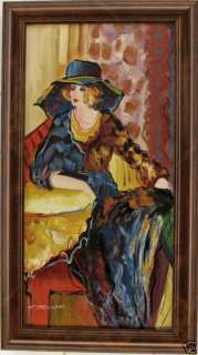 Lovely Cafe Lady Sitting Big Hat FRAMED OIL PAINTING  