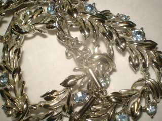 Vintage Silvertone BLUE RHINESTONE Leaf Leaves Necklace  