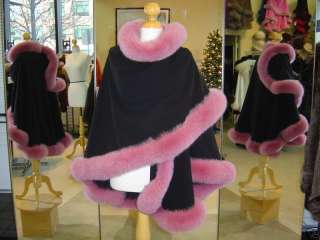 NEW BLACK CASHMERE CAPE WRAP SHAWL WITH PINK FOX FUR  