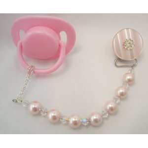  Baby Pink Big Pearl and Crystals Pacifier Clip Baby