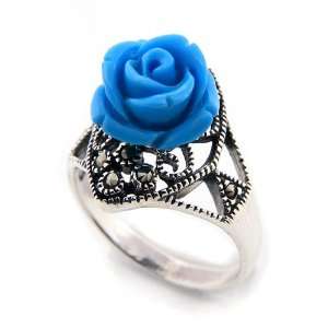 50g Blue rose Marcasite Stone Genuine 925 Sterling Silver Ring Size 