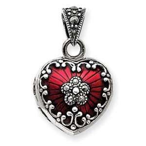   Sterling Silver Red Enamel & Marcasite Heart Locket: Jewelry