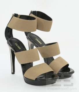   Black Patent Leather & Tan Zip Back Platform Heels Size 38 NEW  