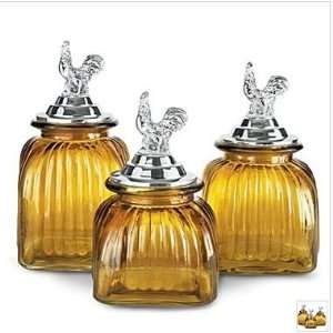  Set of 3 Amber Ribbed Glass Canister Set with Rooster Lid 