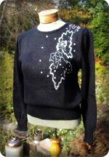 Vintage 70s Puff Slv Black Glam Sequin Knit Sweater Top  