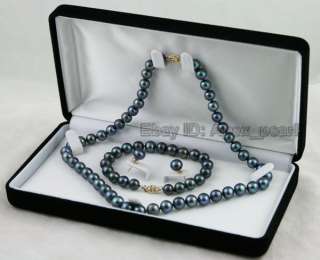 9MM FW BLACK Pearl Necklace Bracelet Earring 14k Gold  