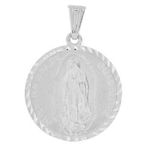 14k White Gold, Virgin Mother Mary Guadalupe Pendant Charm Round 20mm 