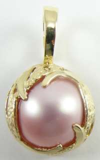 14k Gold Yellow Pearl Pendant Necklace Mabe Pink  