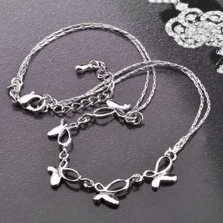 Rhodium Plated Silver tone Anklet,Butterfly Shape 2 Rows Chains Anklet 