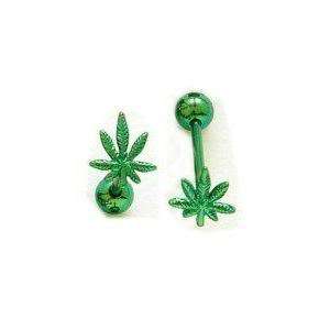 Green Titanium Pot Leaf Marijuana Tongue Rings  