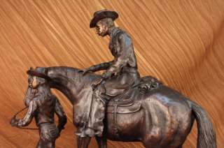 SIGNED OLD WEST COWBOY COWGIRL HORSE BRONZE SCULPTURE STATUE FIGURE 