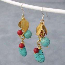 Gold Leaf and Silver Turquoise and Red Coral Drop Earrings (Thailand)
