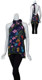 Fresh floral silk chiffon top has halter style neckline with open back 